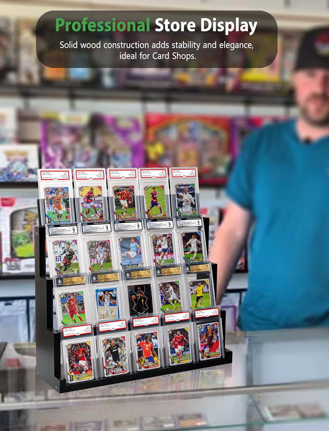 4-Tier Card Display Stand ,Wooden Trading Card Display Case for Graded Cards,Baseball Sports Card Display for PSA CGC SGC BGS Slabs