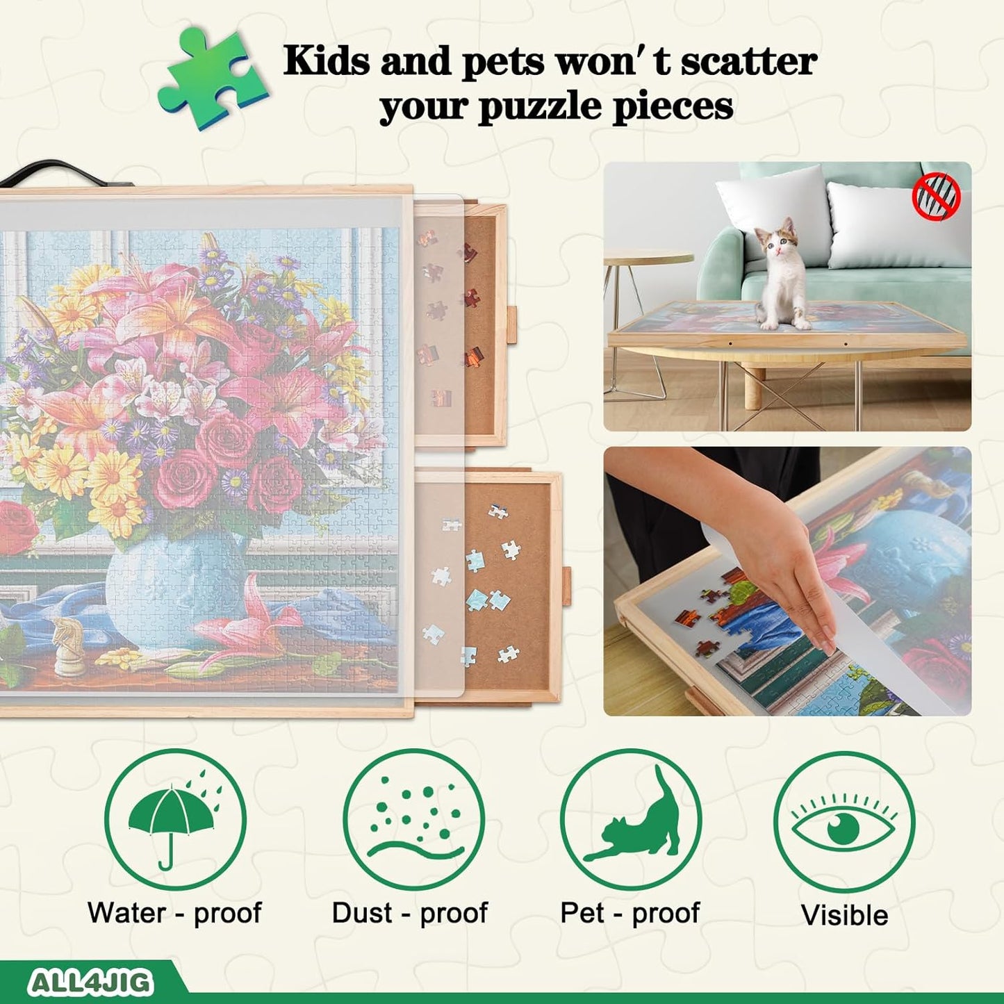 ALL4JIG 1000 Pieces 2-in-1 Tilting & Rotating Puzzle Board, 30.16" x 22.44"Adjustable Angle Puzzle Board with 4 Drawers & Clear Protective Cover, Birthday Gift for mom