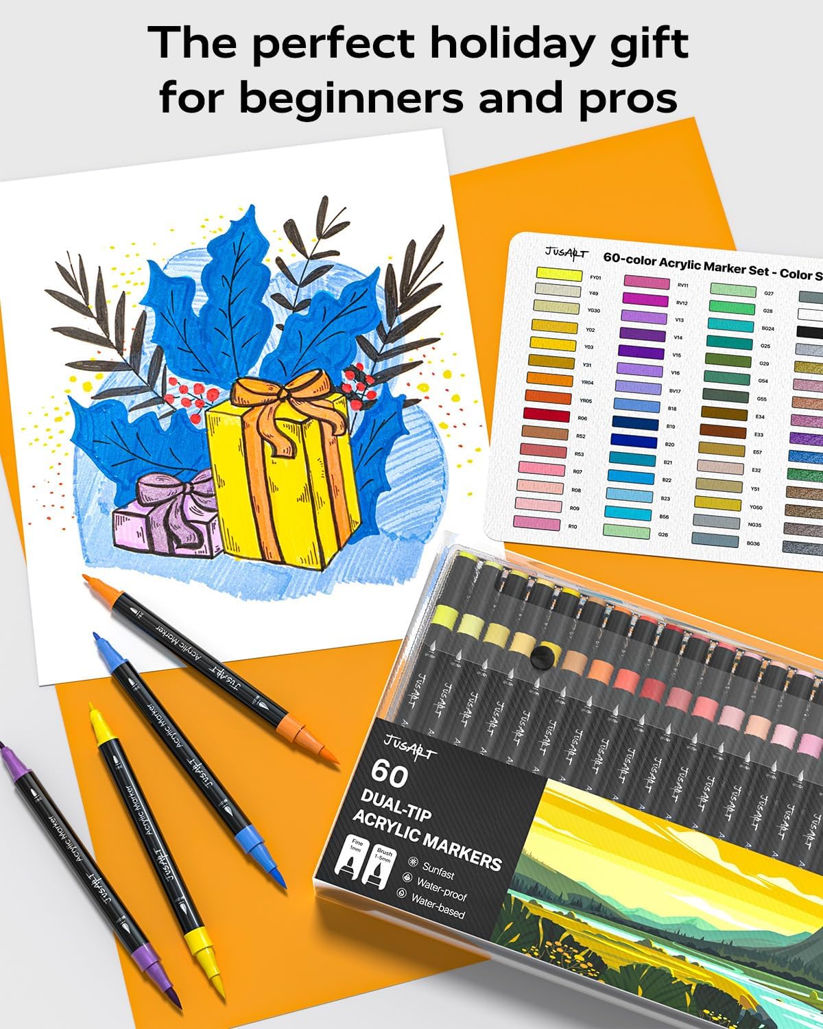 JusArt 60 Colors Dual Tip Acrylic Paint Pens Markers, Brush and Fine Tip, Premium Paint Pens for Wood, Canvas, Egg, Stone, Fabric, Rocks, Metal, Glass, Ceramic, DIY Crafts Making Art Supplies Gifts