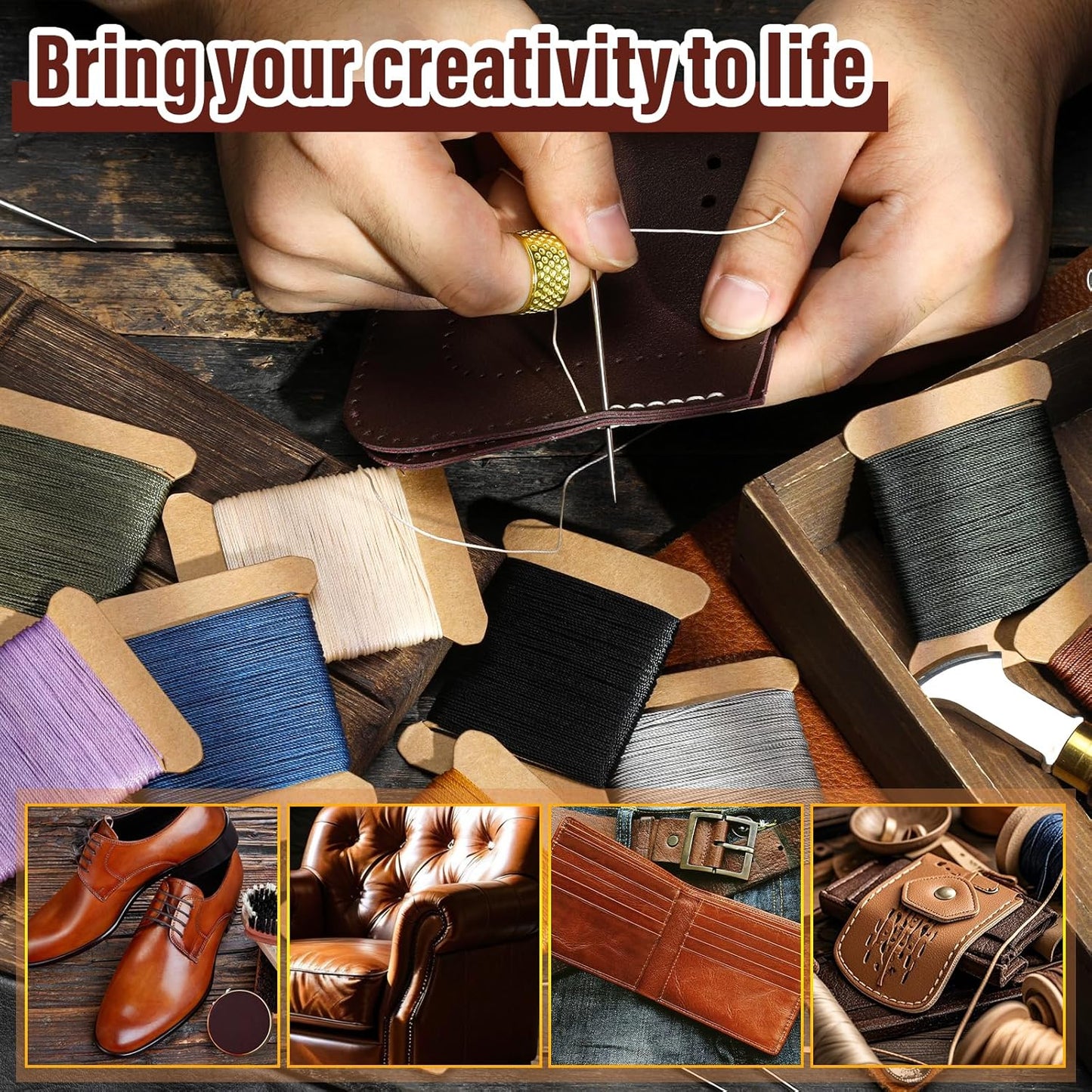 Repair Sewing Kit, Upholstery Needle and Thread Kit with 32 Yard Waxed Thread and 8 Pcs Heavy Duty Leather Needles for Hand Stitching, Canvas & Quilting - 0.55mm Round Waxed Brown