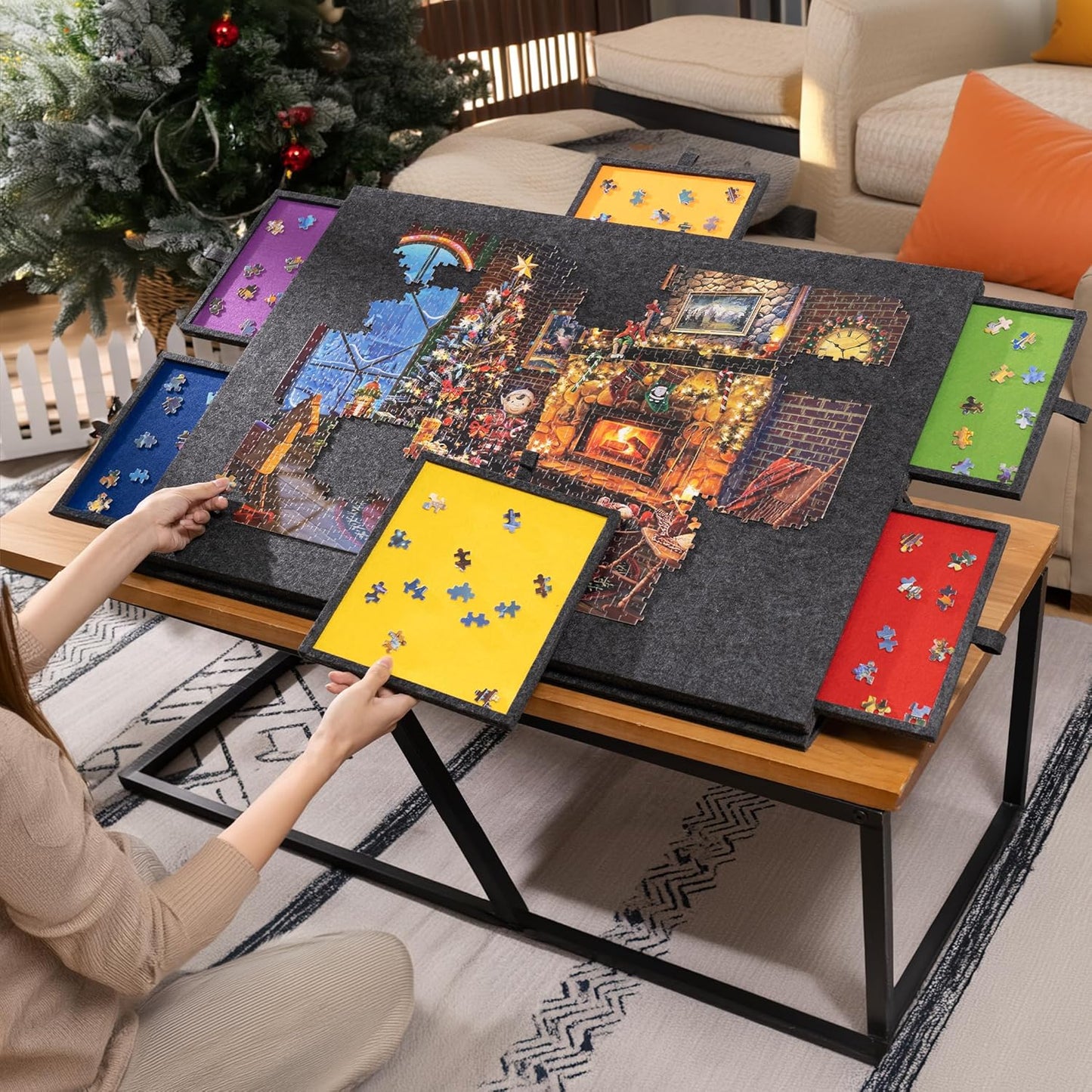 Lavievert 1500 Piece Tilting Puzzle Board with 2-in-1 Designed Stand & Cover, Lightweight Felt Mat Plateau with 6 Colored Drawers, Portable Jigsaw Puzzle Table with Storage for Adults (Dark Gray)