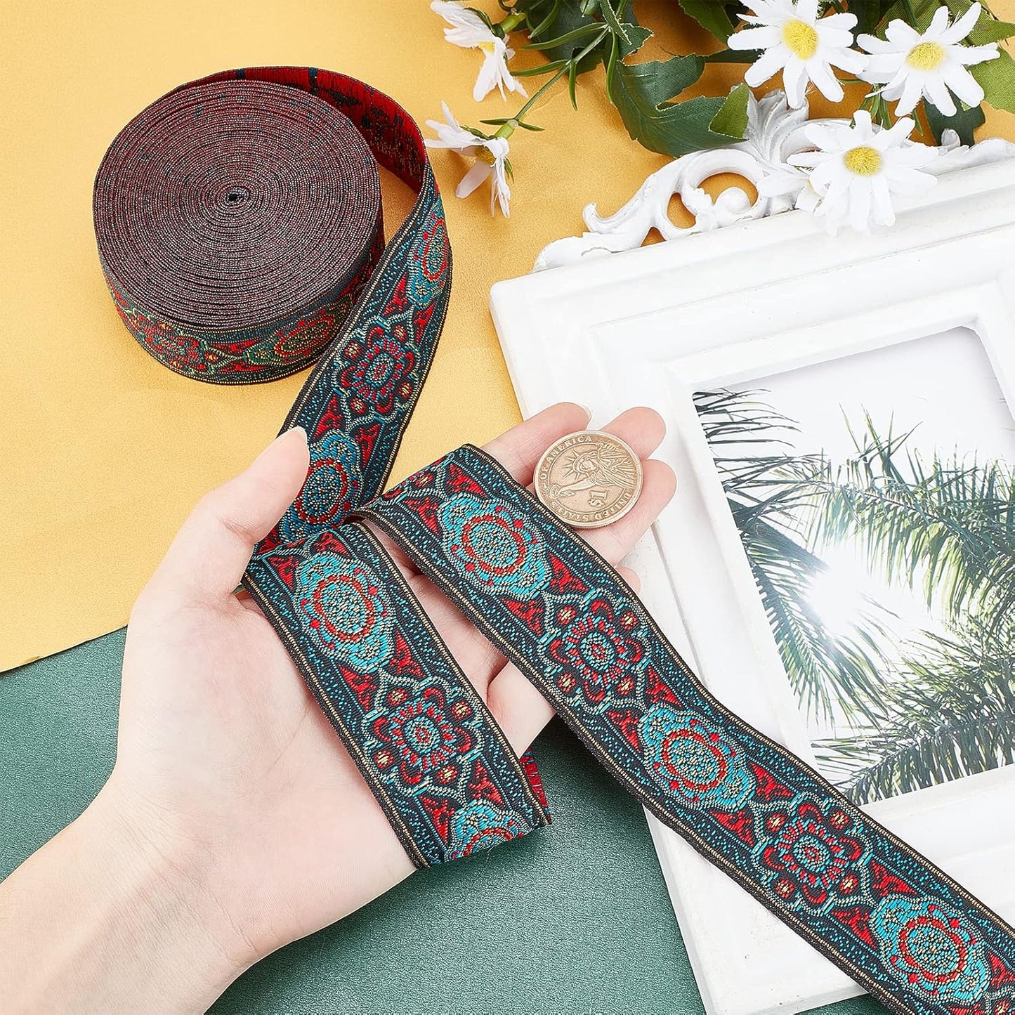 PH PandaHall 7 Yards Jacquard Ribbon, 1.3 Inch Vintage Sewing Emobridered Woven Ribbon Floral Fabric Trim Fringe Sewing Decor Trim for Boho Persian Ramadan Bag Straps Clothing Sewing Gift Home Decor