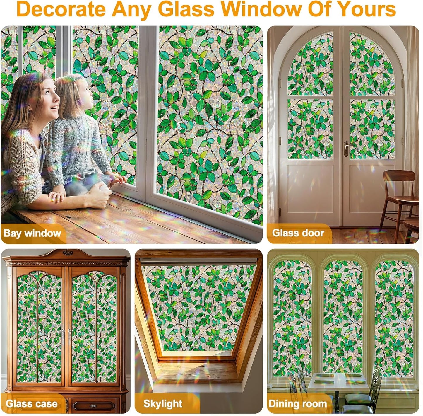 Window Privacy Film Stain Glass Window Film Rainbow Window Film Window clings Non-Adhesive Reusable Decorative for Room (Greenery Leaf, 35.4 x 157.4 in)