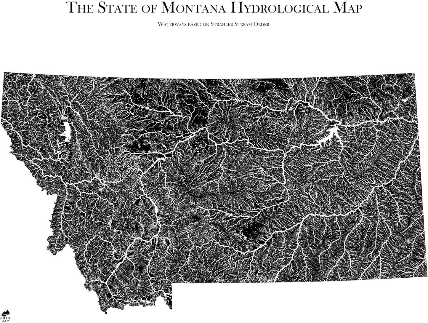 Muir Way Hydrological River Map of Montana - Watershed Topographic Wall Art for Home, Office, or Travel Decor - Unframed Flat Paper Print, 24x30