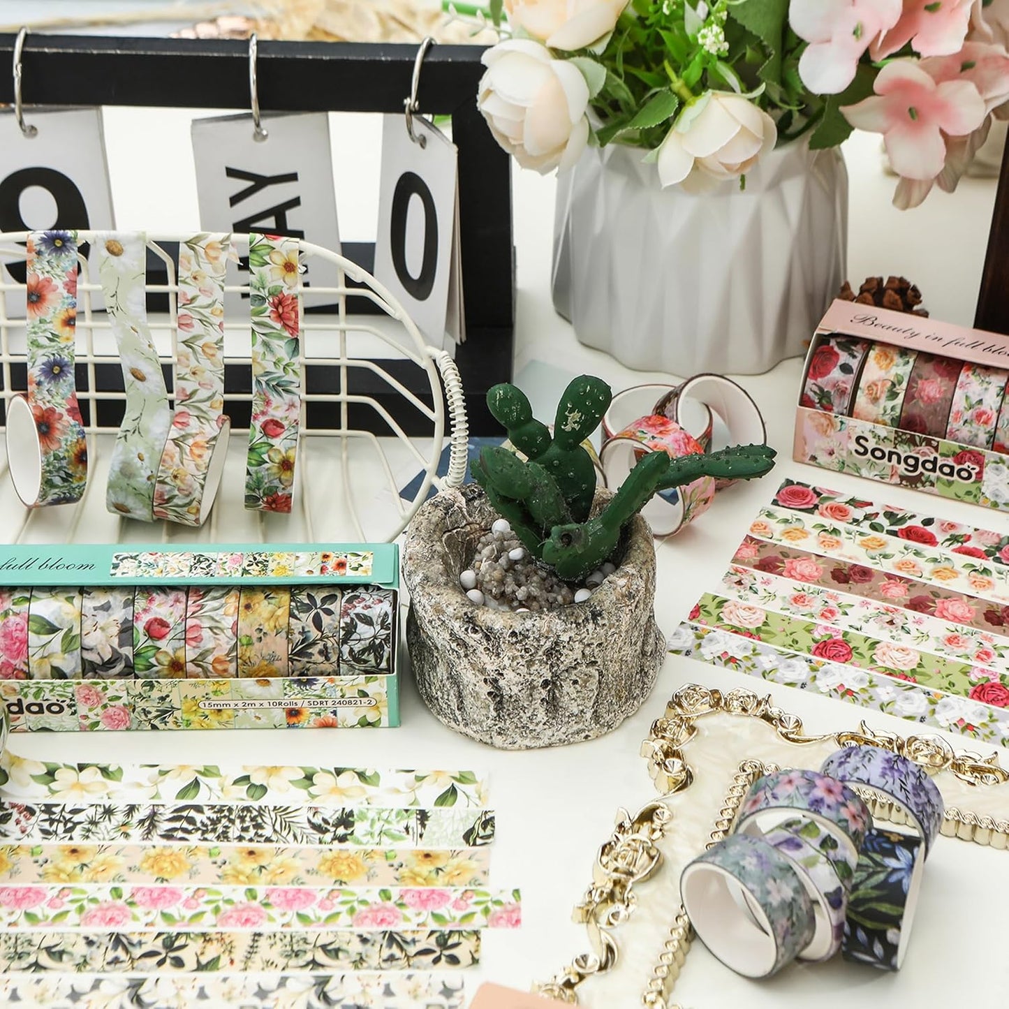 10 Rolls Blooming Flowers Washi Tape Set Floral Arts Adhesive Tapes Colorful Garden Decorative Masking Tape Sets for Craft, Kids, Scrapbook, DIY, Gift Wrapping (3-Blooms)