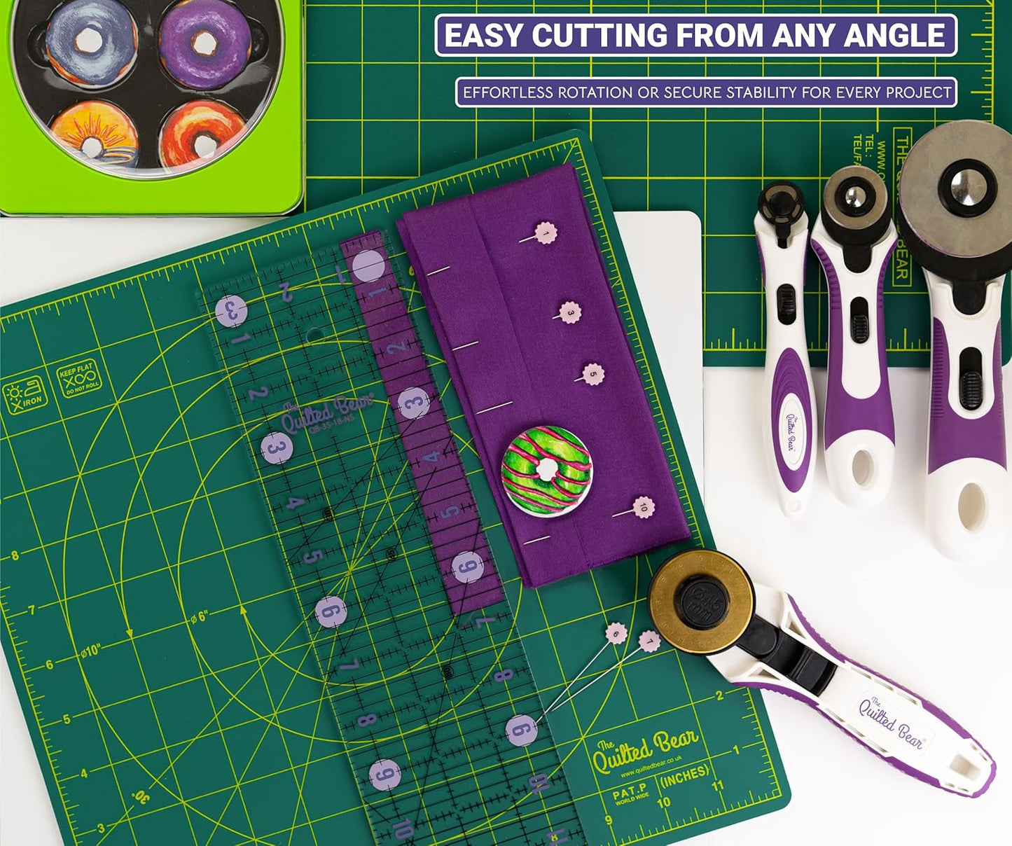 The Quilted Bear Rotating Cutting Mat 18" x 18" - Square 360° Rotating Self Healing Mat with Innovative Locking Mechanism for Quilting & Sewing Your Choice of Colours Available! (Green)