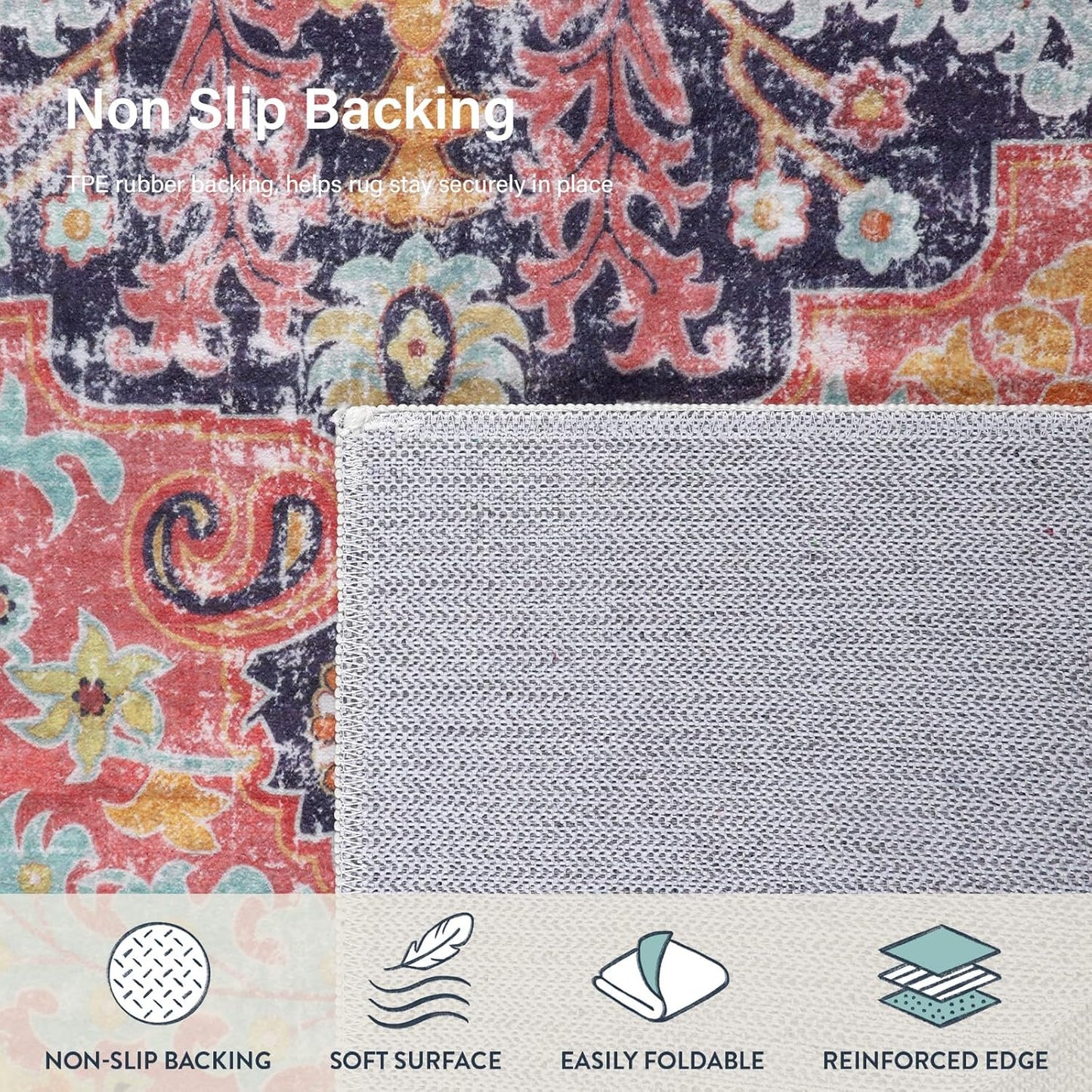 Lahome 6x9 Area Rugs Machine Washable Area Rugs for Living Room,Non Slip Bedroom Rug,Dining Room Rugs for Under Table,Large Bohemian Vintage Non Skid Indoor Carpet for Home Office(6x9ft,Fuchsia)