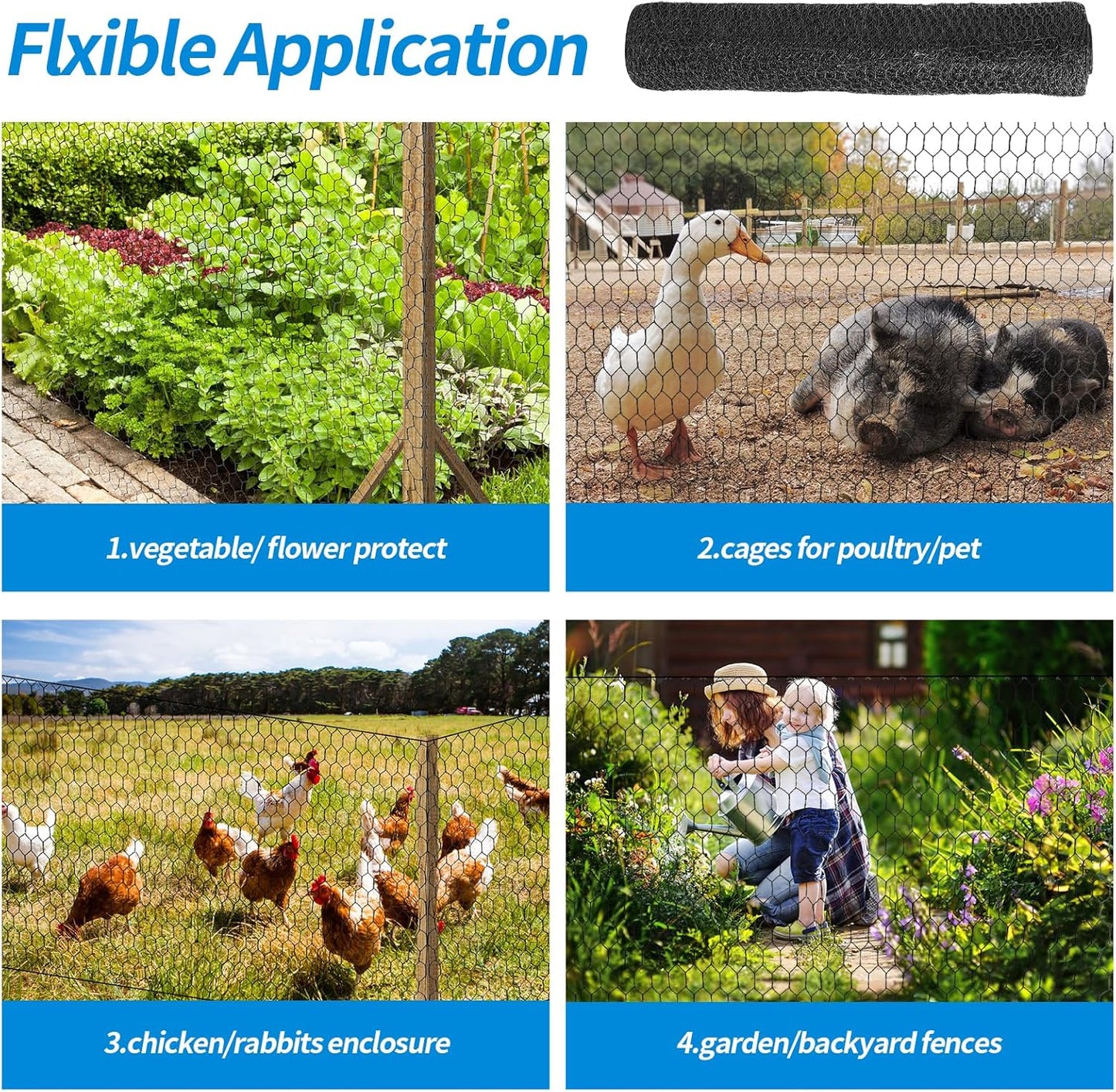 72'' x 150' Black Chicken Wire Fencing, 1 inch Chicken Wire and 20 Gauge Poultry Netting, Garden Mesh Fence Roll for Floral Arrangements/Crafts/Farm/Livestock/Pet Protection