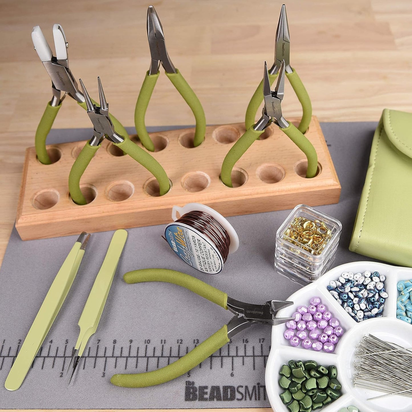 The Beadsmith Fashion Color Pliers – Set of 8 Slimline Color-Coordinated Tools – Matching Clutch in Light Olive – Jewelry Making Supply Kit to Create Necklaces, Bracelets, Earrings & More