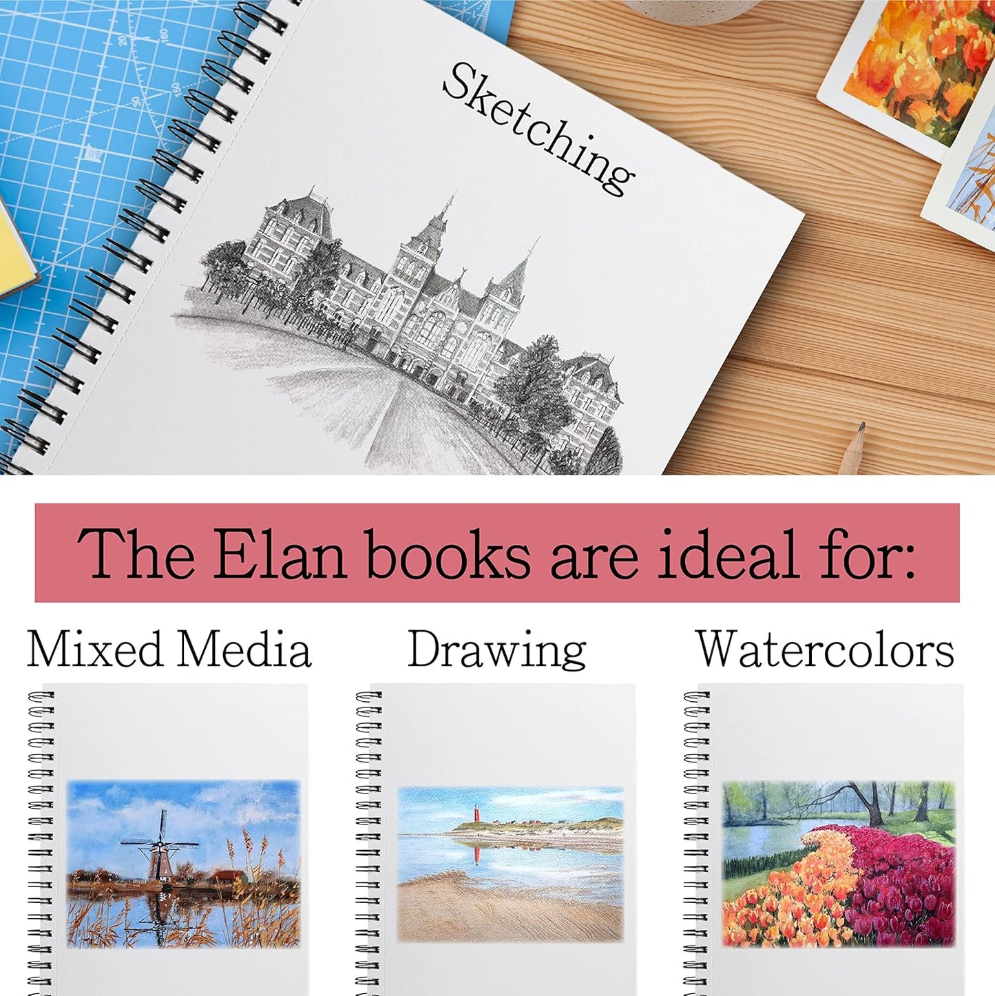 Elan A4 Sketchbook, 80 Sheets Italian Paper 80 lb/120 GSM, Acid-Free Sketch Book 11.7x8.3 Inch, White Drawing Paper Pad, Spiral Bound Sketchbook A4