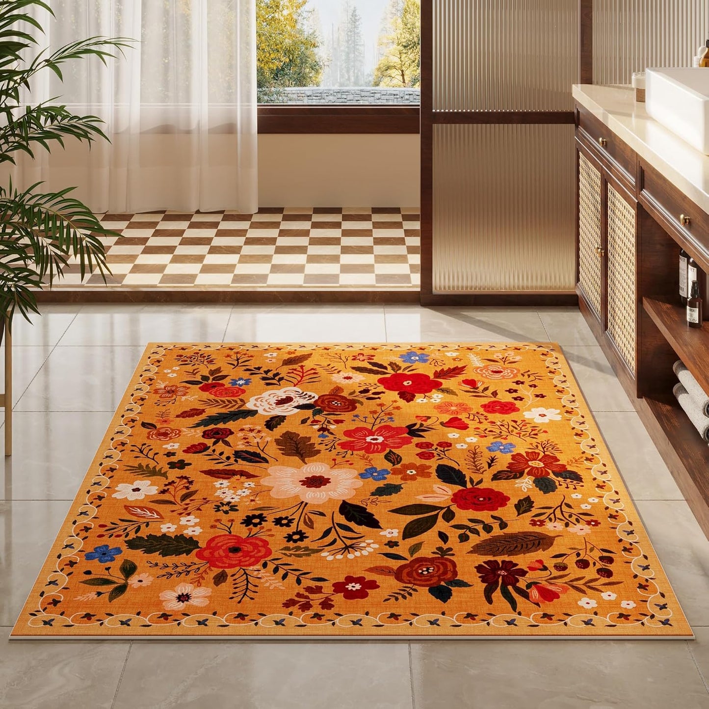 Rugcomf Bedroom Rug 3x5 Rug Washable Area Rug Non Slip Low Pile Boho Floral Small Carpet for Bedroom, Bedside, Kitchen, Entryway, Kids Room, Office, College Dorm Essentials for Girls(Yellow)