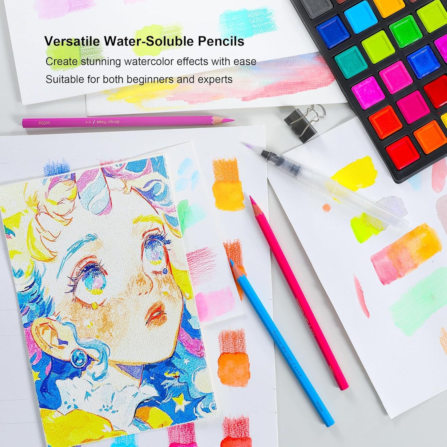 KALOUR Watercolor Pencils with Brush, 36 Colors, Blendable Wet or Dry, Ideal for Coloring Books and Art