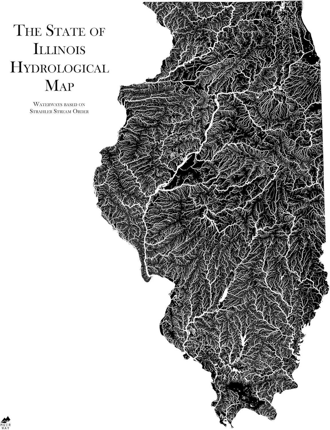 Muir Way Hydrological River Map of Illinois - Watershed Topographic Wall Art for Home, Office, or Travel Decor - Unframed Flat Paper Print, 24x30