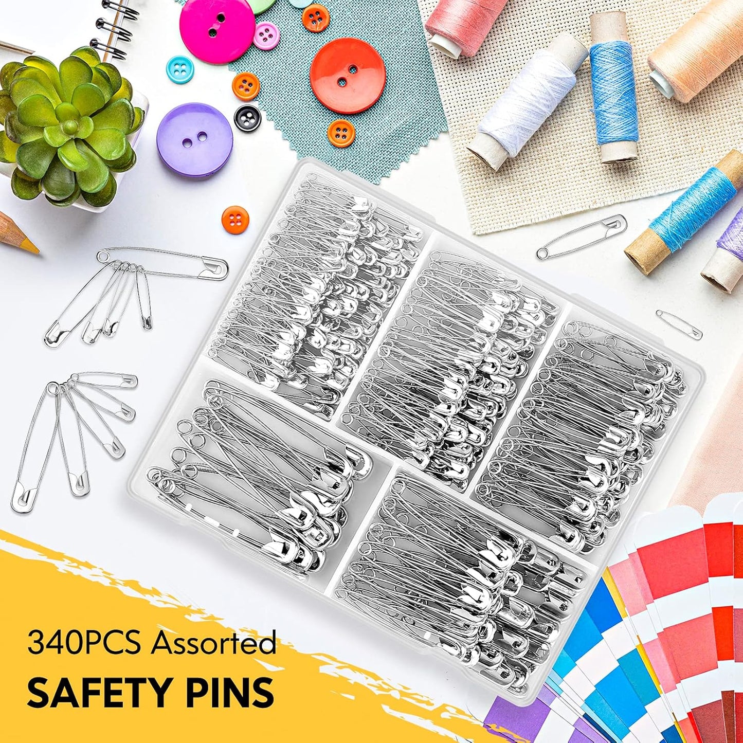 Huhuhero 340 Pack Safety Pins Assorted, Small & Large Heavy Duty Safety Pins for Clothes Costume Sewing, 5 Different Sizes Nickel Plated Steel Pin Bulk, Crafts Art Supplies, Silver