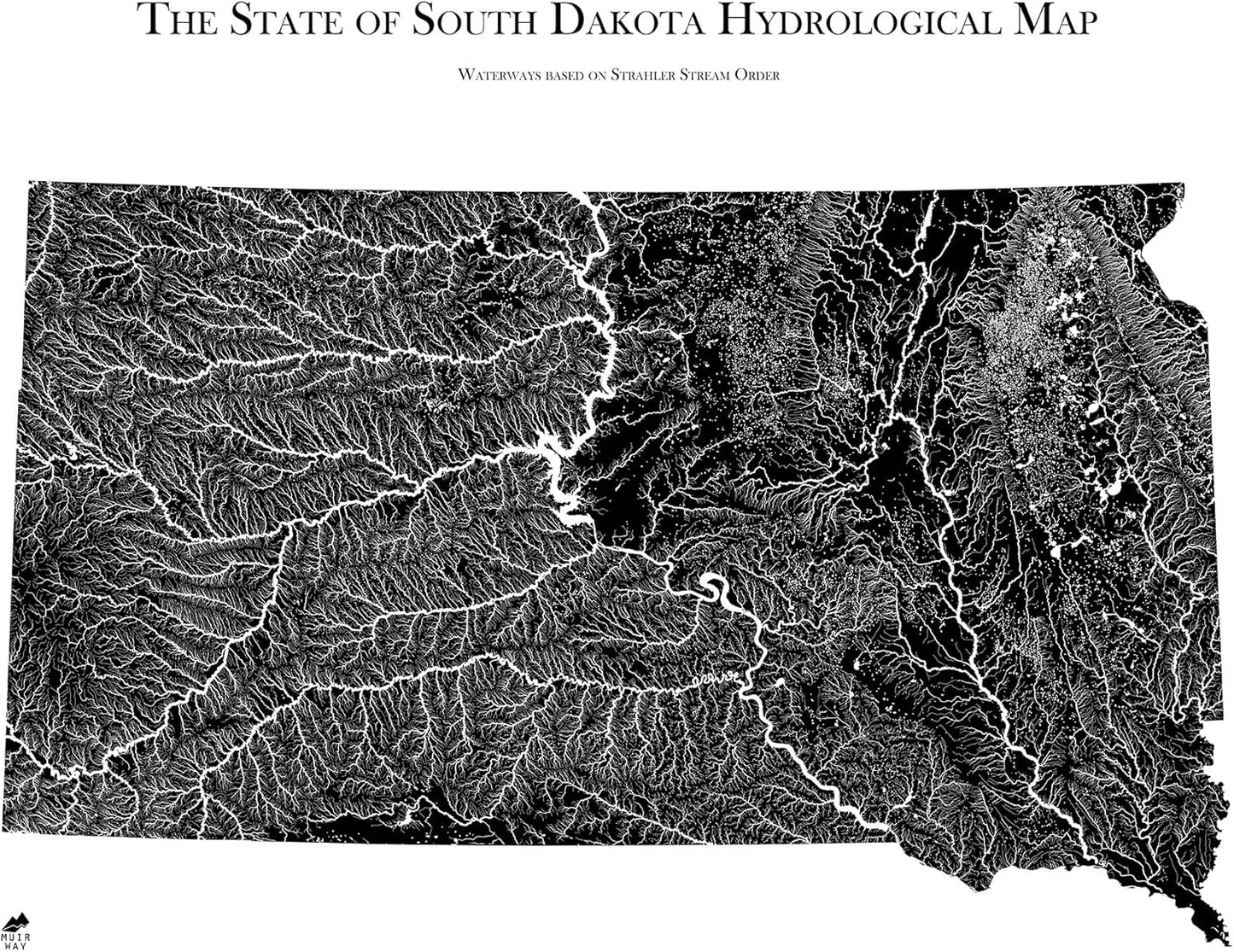 Muir Way Hydrological River Map of South Dakota - Watershed Topographic Wall Art for Home, Office, or Travel Decor - Unframed Flat Paper Print, 24x30