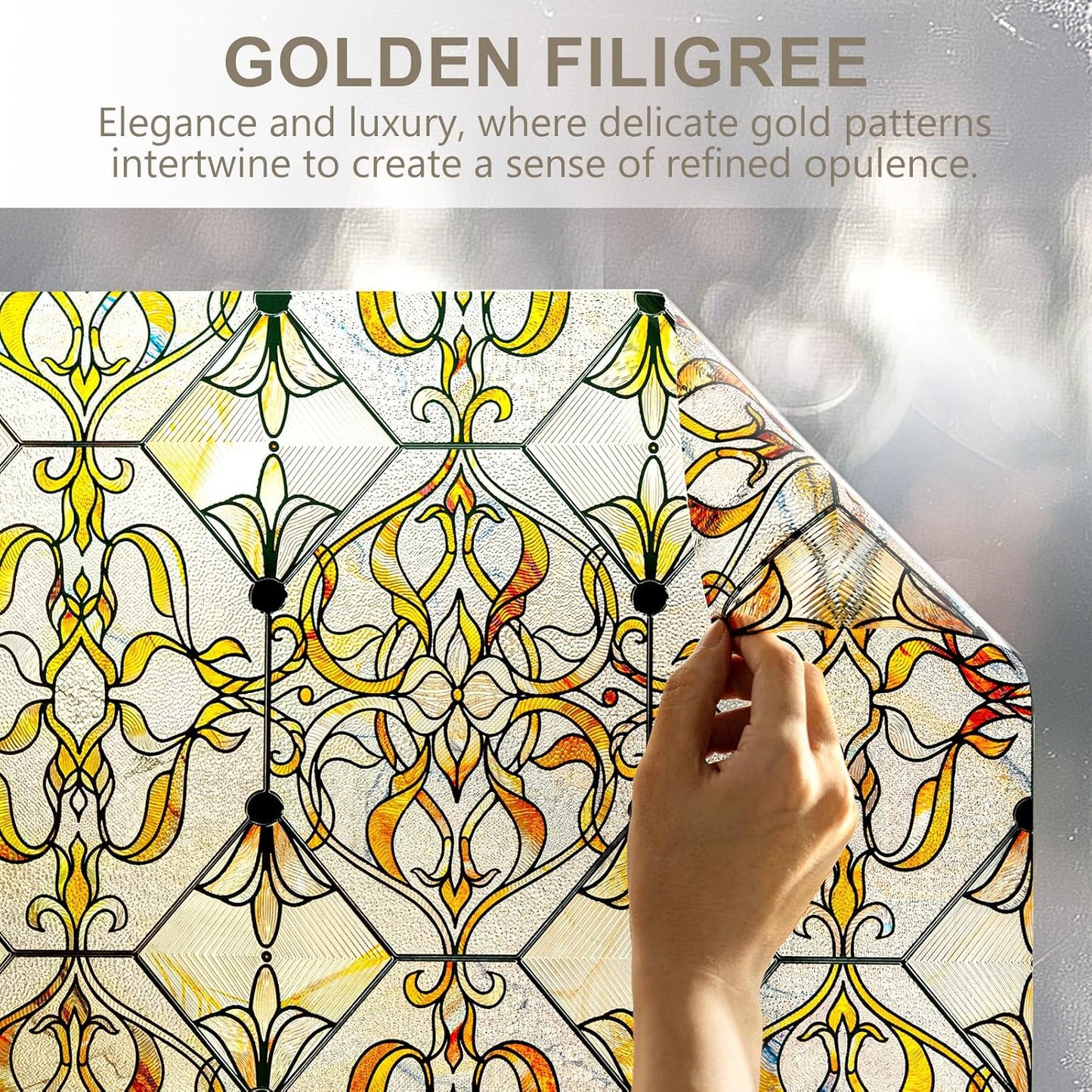 3D Stained Glass Window Privacy Film, Heat Control UV Blocking Static Cling Decorative Window Film for Bathroom,Front Door,Home Non Adhesive 35.4 x 78.7 inches Golden Filigree