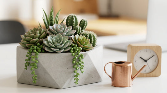 Creating a "Desk Garden": Faux Succulents and Low-Maintenance Styling