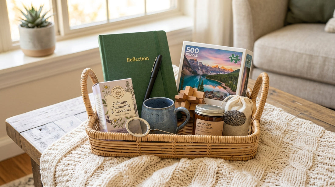 Creating a "Wellness Basket" with Puzzles, Tea, and Journaling Supplies