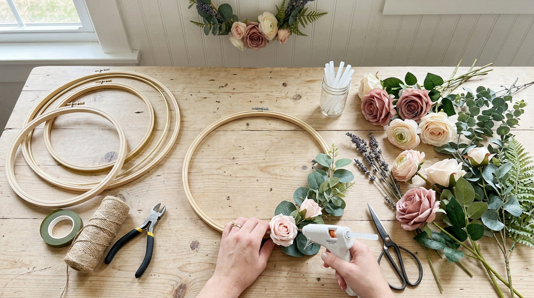 DIY Faux Floral Hoop Decor for Doors, Walls, and Party Backdrops