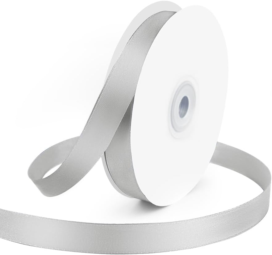 KMER LIFE 5/8" Wide x 50 Yards Silvery Single Faced Polyester Satin Ribbon, Silvery Satin Ribbon Perfect for Wedding Decor, Wreath, Crafts, Gift Wrapping & Other Projects (Silvery)
