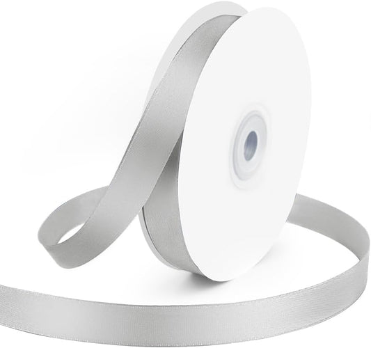 KMER LIFE 5/8" Wide x 50 Yards Silvery Single Faced Polyester Satin Ribbon, Silvery Satin Ribbon Perfect for Wedding Decor, Wreath, Crafts, Gift Wrapping & Other Projects (Silvery)