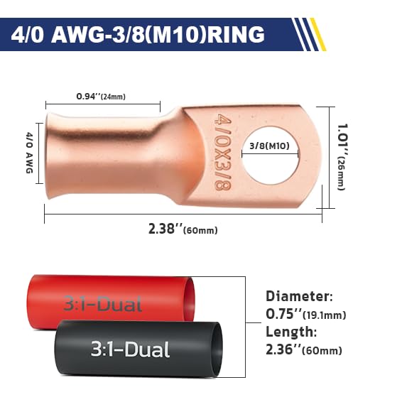 haisstronica 10pcs 4/0 AWG - 3/8"(M10) Battery Cable Lugs, Heavy Duty Copper Wire Lugs with 10pcs 3:1 Adhesive Heat Shrink Tubing, 0000 Gauge Wire Lugs, Battery Terminal Connector, Battery Cable Ends