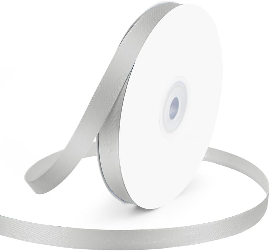KMER LIFE 3/8" Wide x 50 Yards Silvery Polyester Satin Ribbon, Perfect for Wedding Decor, Crafts, Gift Wrapping & Other Projects