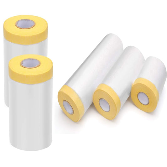 Pre-Taped Masking Film-43inx65ft Tape and Drape Painters Plastic Rolls, Plastic Painting Film for Automotive Painting Covering,Protective Drop Film for Furniture, Car, Floor (4rolls, 43in×65ft)