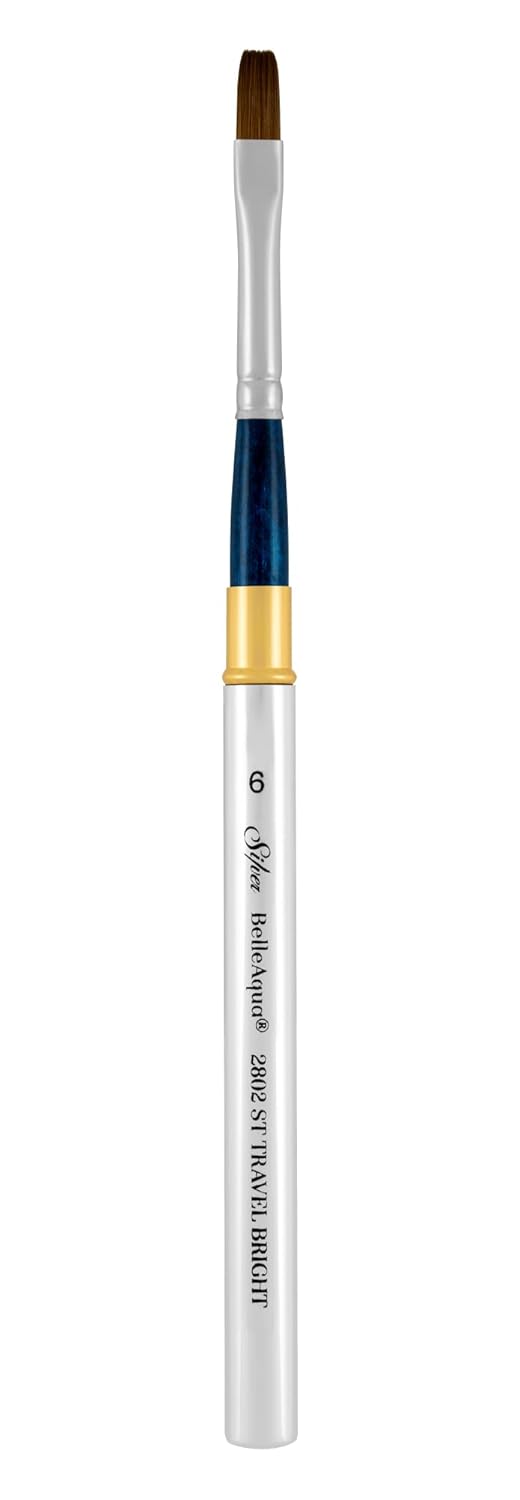Silver Brush Limited 2802ST-6 BelleAqua Short Handle Bright Travel Brush with Soft Red Sable Synthetic Bristles, Professional Artist Watercolor Brush, Also for Acrylic, Gouache, Inks, & Dyes, Size 6