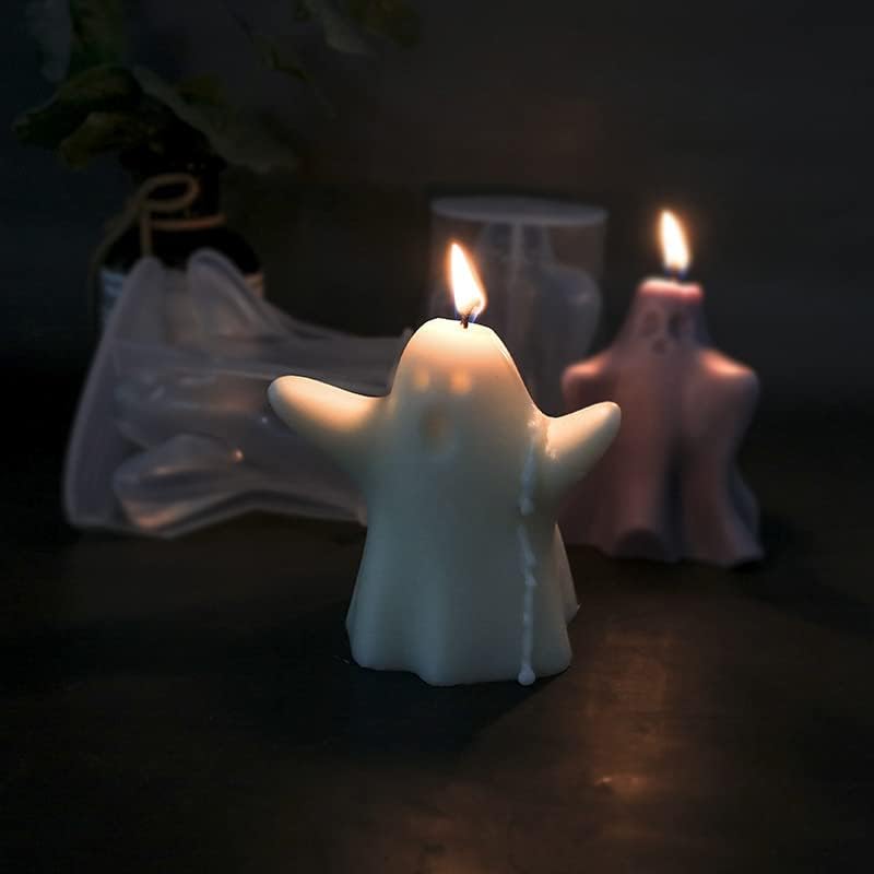 Silicone Candle Molds Set, 2 Pieces Ghost Halloween Molds and 20 Pieces Candle Wick, Horror Skull Handmade Soap Gypsum Mould for Scented Candle Making Home Decoration Supplies