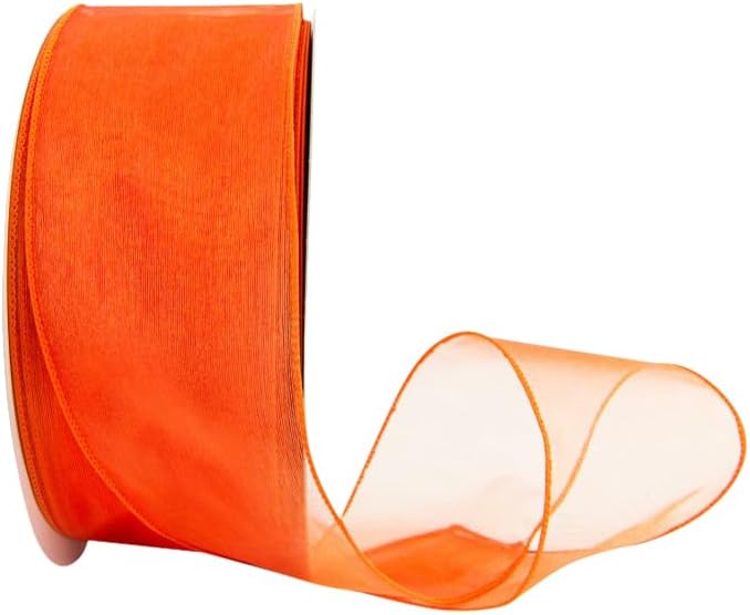 Ribbon Bazaar Sheer Organza Wired Ribbon - 100% Polyester Wire Edged Ribbon for Floral Decor, Table Arrangements, Apparel Embellishment & More - 1-1/2" Orange 25yd