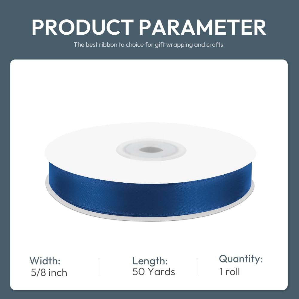 KMER LIFE 5/8" Wide x 50 Yards Navy Blue Polyester Satin Ribbon - Perfect for Wedding Decor, Wreath, Crafts, Gift Wrapping & Other Projects