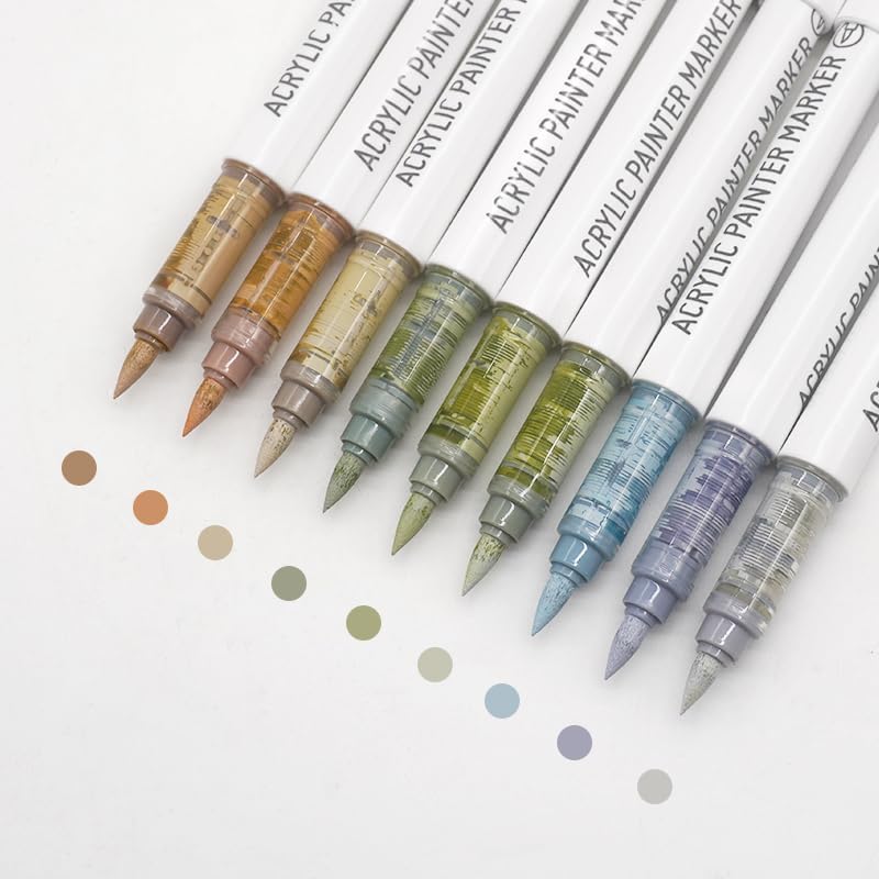 Water Based Acrylic Paint Markers, 9 Colors Acrylic Paint Pens Set with Soft Brush Tip, Marker Pen for Rock Painting, Egg, Wood, Glass, Paper, Mugs, Acrylic Painter Ink (Advanced Gray)
