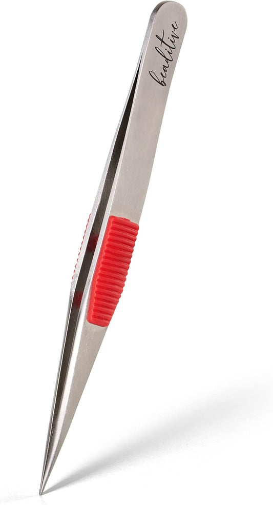 Beaditive High Precision Heavy-Duty Tweezers With Cushion - 4.7" Craft Tweezers for Sewing, Beading & DIY Crafts - Non-Serrated, Fine Point Tips - Stainless Steel Needle Nose Hobby Tweezers (Fuchsia)