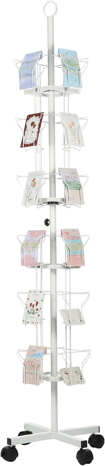 PATIKIL 6 Tier Rotating Greeting Card Rack, Metal Spinning Greeting Card Display Stand Portable Postcard Rack Holder Organizer for Postcard Sticker Photo Desk Book Stamp, White