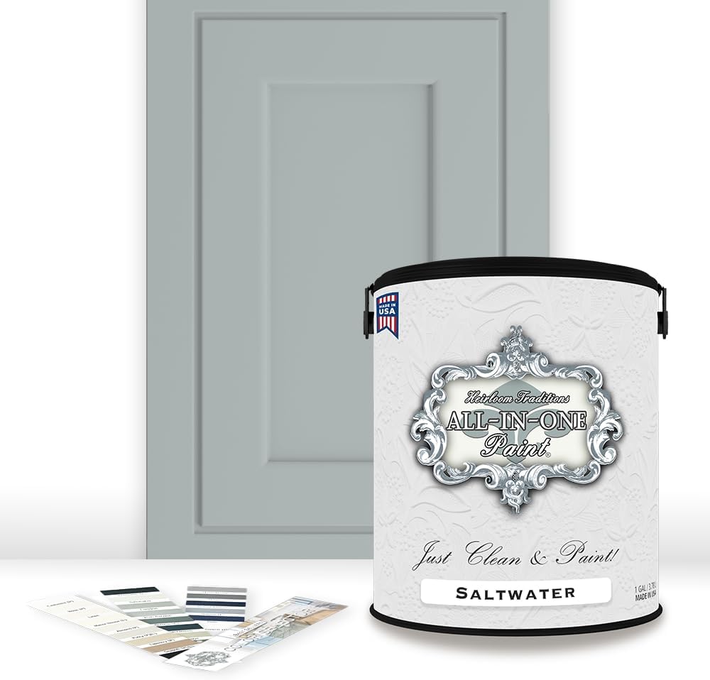 ALL-IN-ONE Paint, Durable cabinet and furniture paint. Built in primer and top coat, no sanding needed. Includes our 30 featured color card - Saltwater (pale green), Gallon