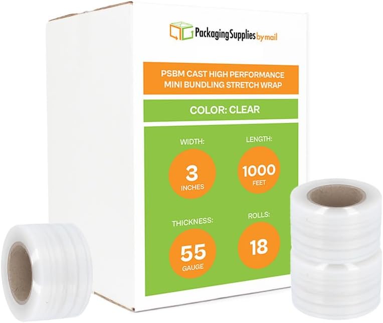 PSBM Mini Stretch Wrap with Handle, 18 Pack, 3 Inch x 1000 Feet, 55 Gauge, Clear High Performance Small Plastic Cling Film for Pallets Moving Storing