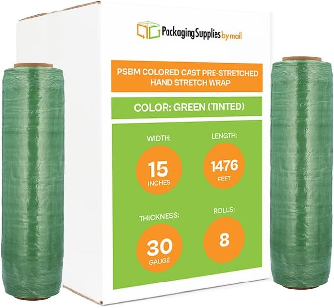 PSBM Green Stretch Wrap, 15 Inch x 1476 Feet, 8 Pack, Tinted Pre-Stretched Shrink Wrap Film for Moving, Packaging, Pallet Wrapping