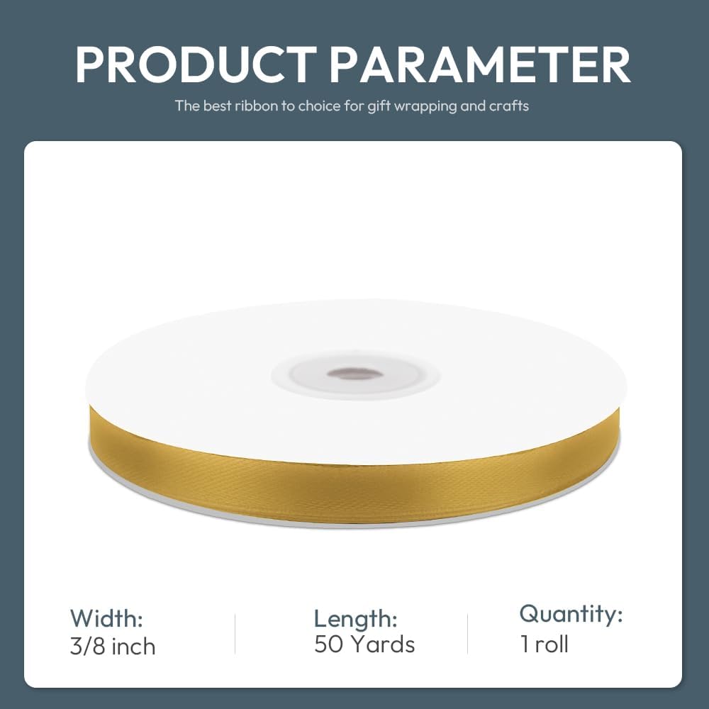 KMER LIFE 3/8" Wide x 50 Yards Golden Single Faced Polyester Satin Ribbon, Golden Satin Ribbon Perfect for Wedding Decor, Wreath, Crafts, Gift Wrapping & Other Projects (Golden)