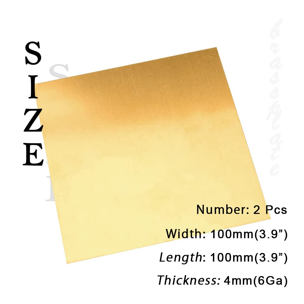 6 Gauge Brass Sheet，H62 Brass Plates Metal 0.157" Thickness x 3.9" Width x 3.9" Lenght, for Models, Crafts, Repairs, Electrical, 2Pcs