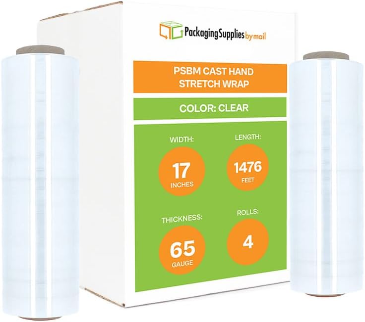 PSBM Stretch Wrap, 4 Pack, 17 Inch x 1476 Feet, 65 Gauge, Clear Plastic Cling, Cast Hand Stretch Film Rolls for Packaging Moving Packing Pallets