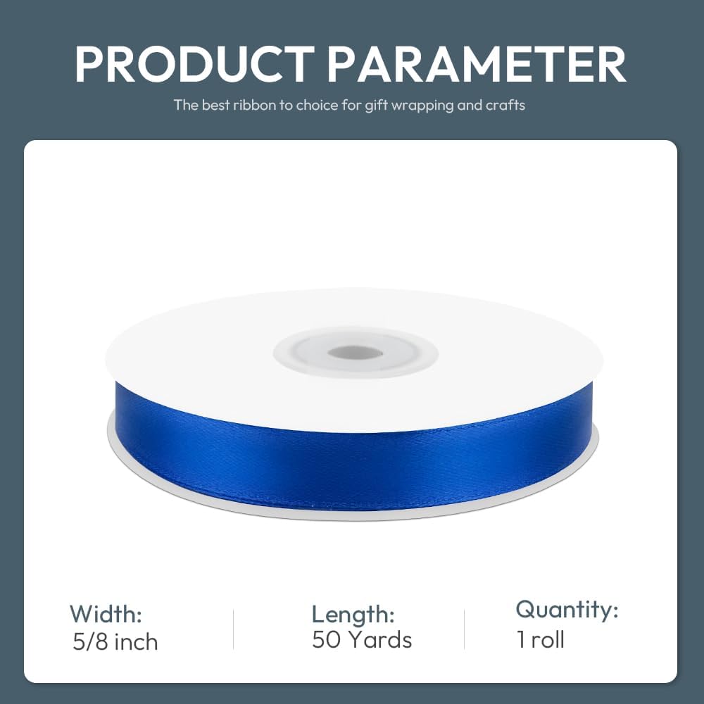 KMER LIFE 5/8" Wide x 50 Yards Royal Blue Satin Ribbon - Perfect for Wedding Decor, Wreaths, Crafts, Gift Wrapping & Other Projects