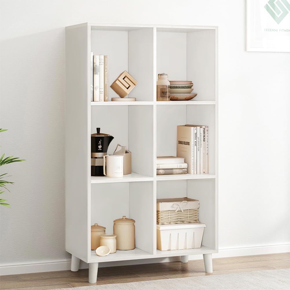 IOTXY Open Cube Low Bookcase - 3-Tier Freestanding Storage Display Cabinet Organizer with Legs for Home Office, 6-Cubes Open Shelf Short Bookshelf, White