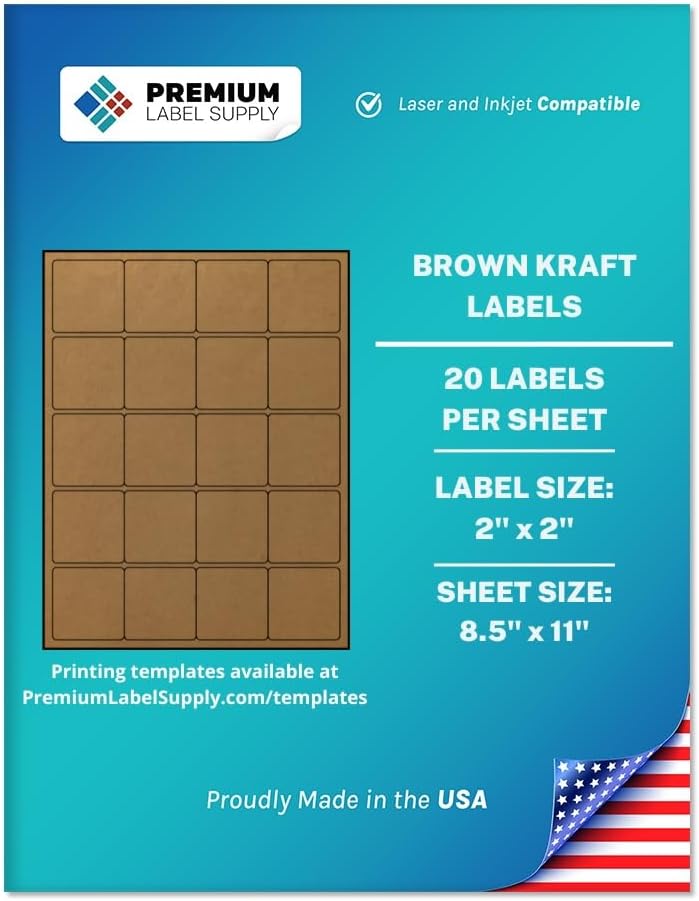 Premium Label Supply Brown Kraft Sticker Square Labels – 2" x 2" – Laser/Inkjet Compatible – (20 per Sheet), 100 Sheets – 2,000 Total Adhesive Labels