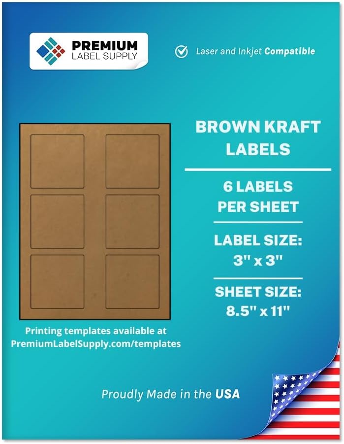 Premium Label Supply Brown Kraft Sticker Square Labels – 3" x 3" – Laser/Inkjet Compatible – (6 per Sheet), 1000 Sheets – 6,000 Total Adhesive Labels