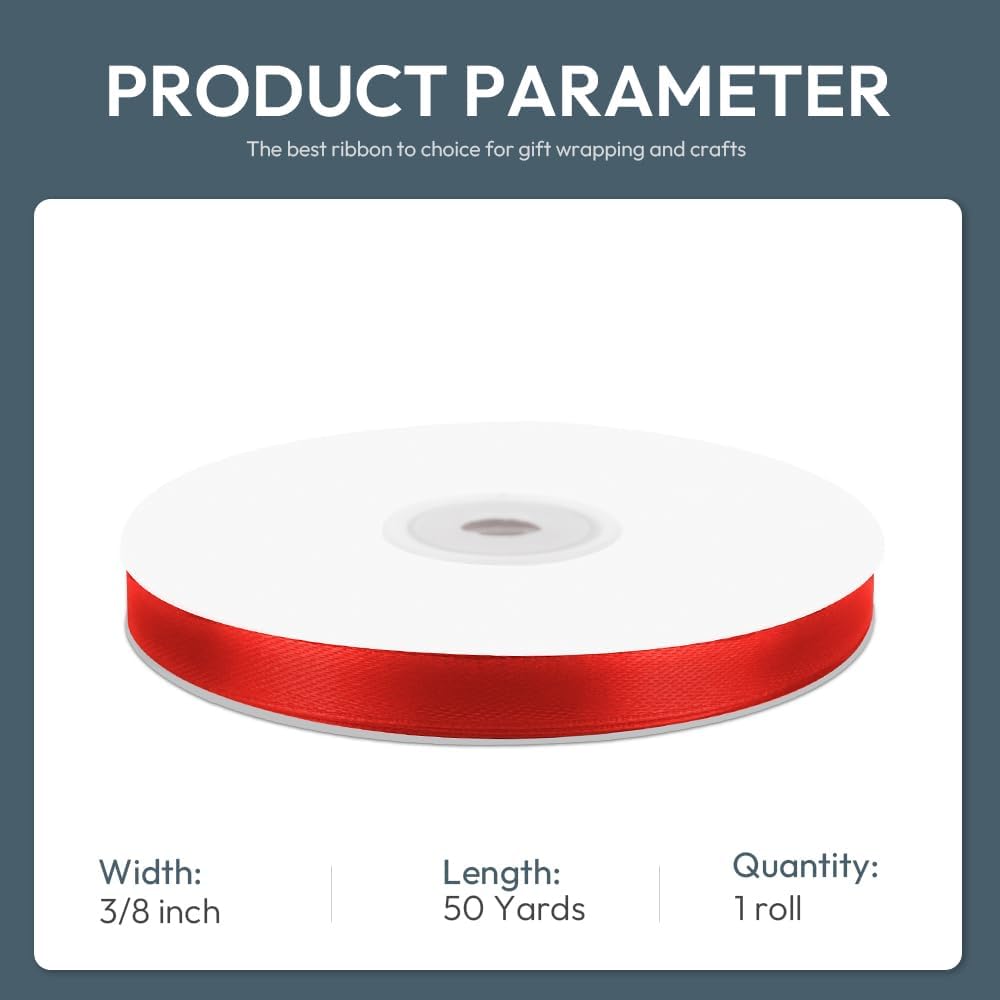 KMER LIFE 3/8" Wide x 50 Yards Red Single Faced Polyester Satin Ribbon - Perfect for Wedding Decor, Wreaths, Crafts, Gift Wrapping & Other Projects