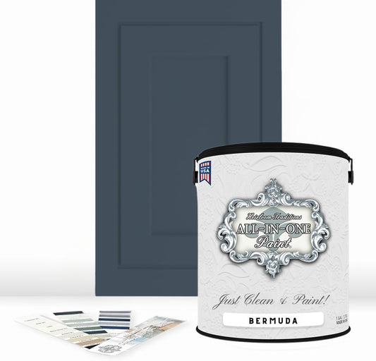 ALL-IN-ONE Paint, Durable cabinet and furniture paint. Built in primer and top coat, no sanding needed. Includes our 30 featured color card - Bermuda, Gallon