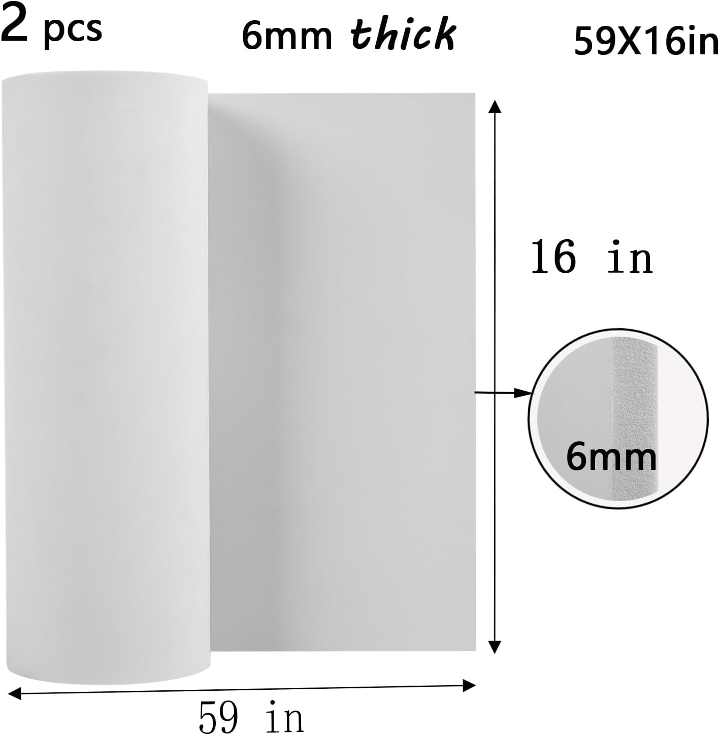 AMZQNART 2Pcs EVA Foam 6mm, Cosplay Foam 16x59 inch White, High Density 90 kg/m³, for Craft Projects Cosplay Costumes, Fake Weapons, Decorations, Christmas, Easter, Thanksgiving, etc.