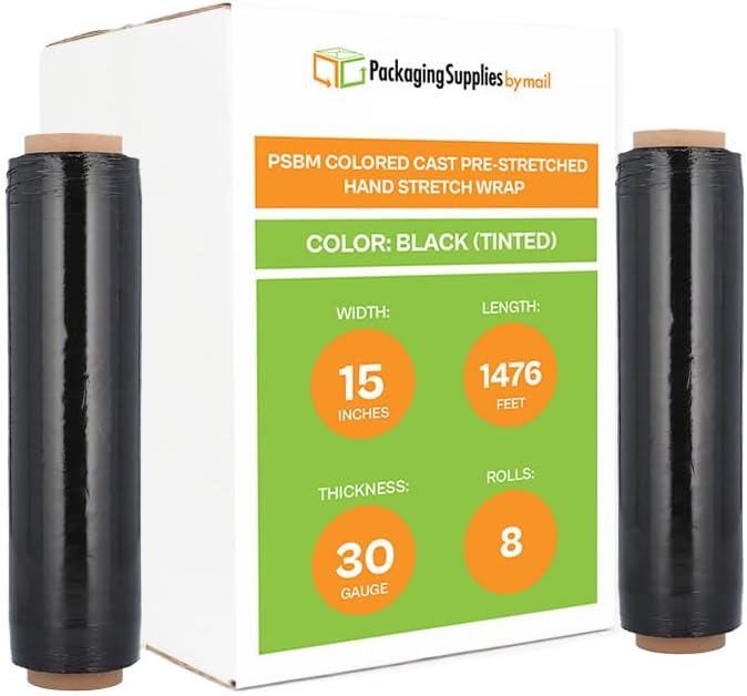 PSBM Black Stretch Wrap, 15 Inch x 1476 Feet, 8 Pack, Tinted Pre-Stretched Shrink Wrap Film for Moving, Packaging, Pallet Wrapping