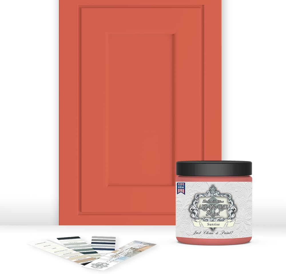 ALL-IN-ONE Paint, Durable cabinet and furniture paint. Built in primer and top coat, no sanding needed. Includes our 30 featured color card - Sunrise (orange-coral), 8oz Sample